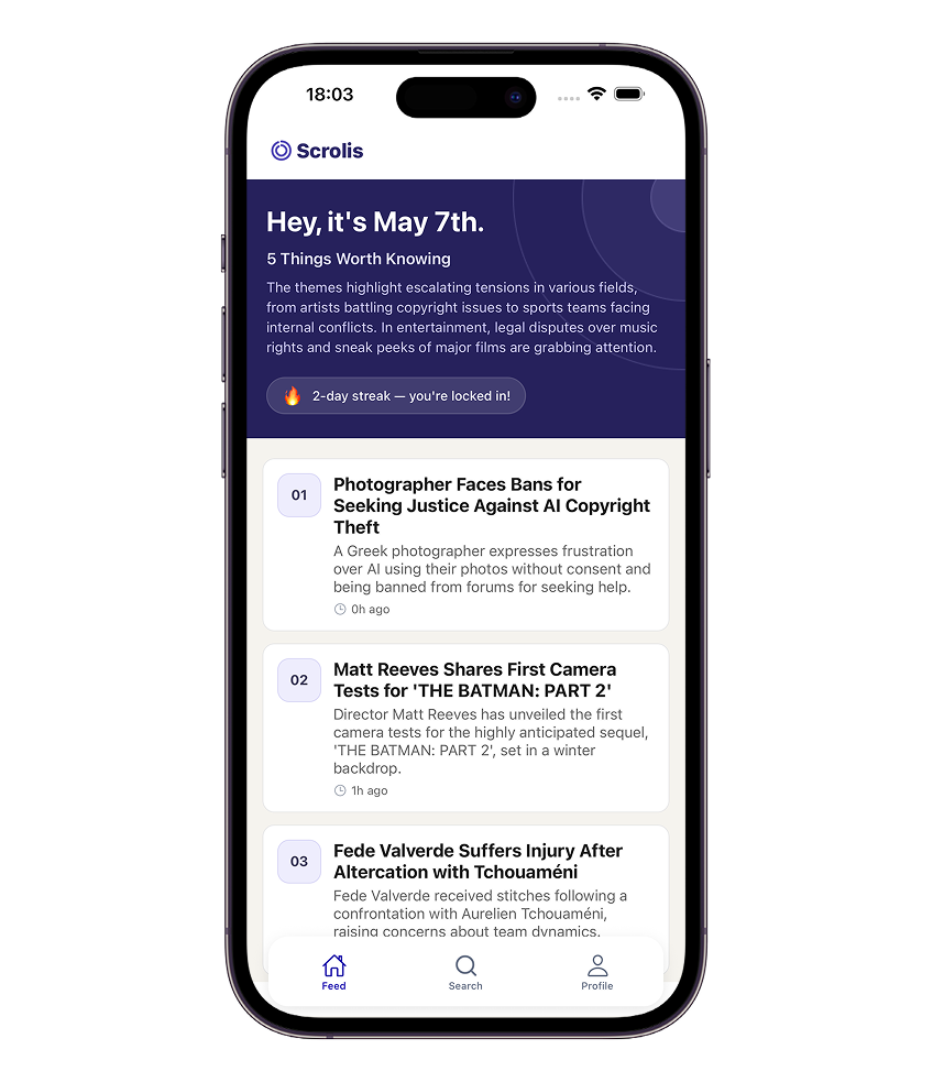 Scrolis app showing today's daily digest
